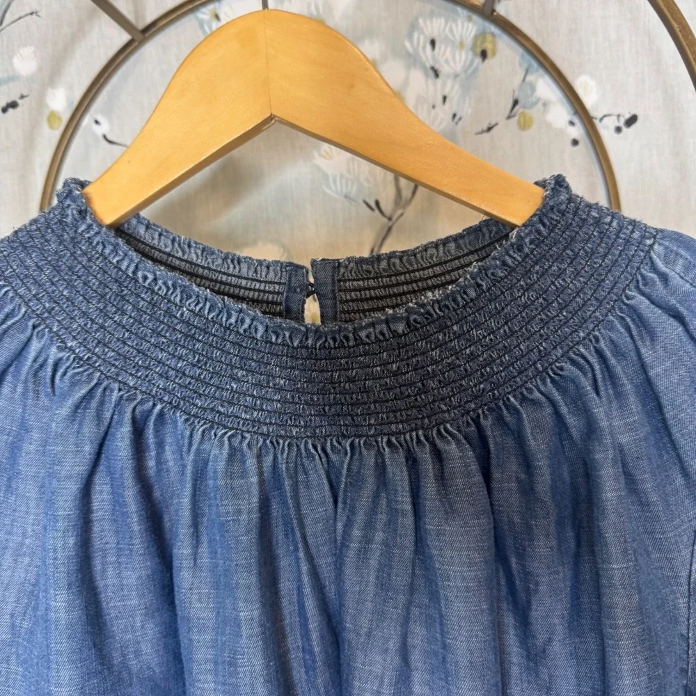LOFT Womens Blue Lyocell Chambray Smocked Neck Blouse Long Sleeve Top Small